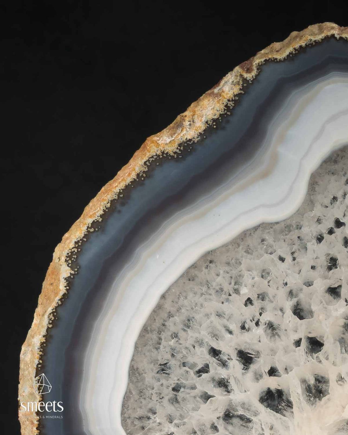 XL Brazilian Blue-Grey Banded Agate Slice with Crystal Centre on Wooden Base