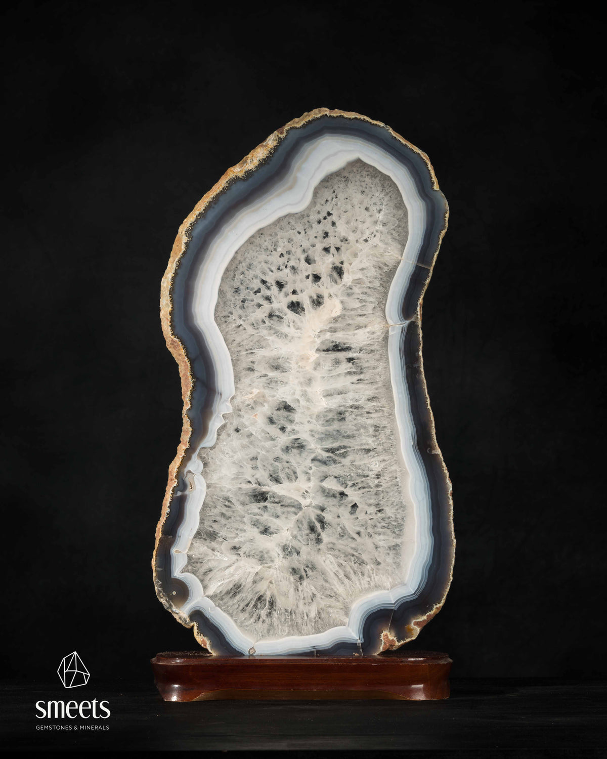 XL Brazilian Blue-Grey Banded Agate Slice with Crystal Centre on Wooden Base