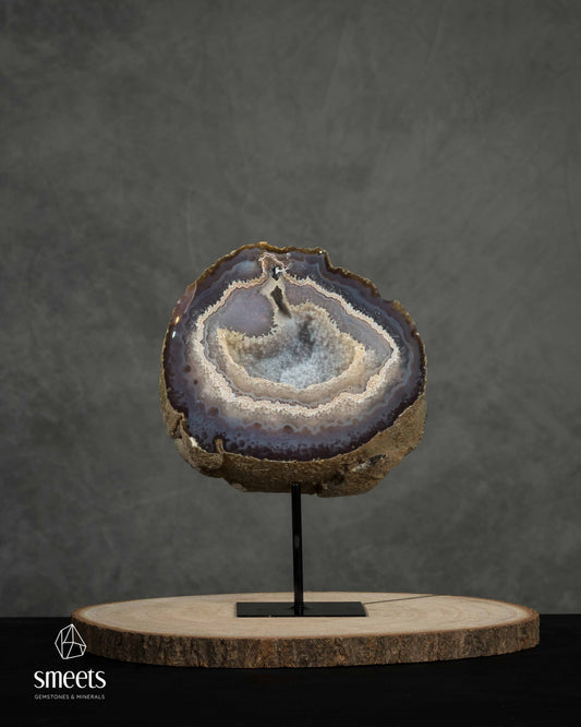 Exceptional Banded Agate with Sparkling Druzy Centre on Stand