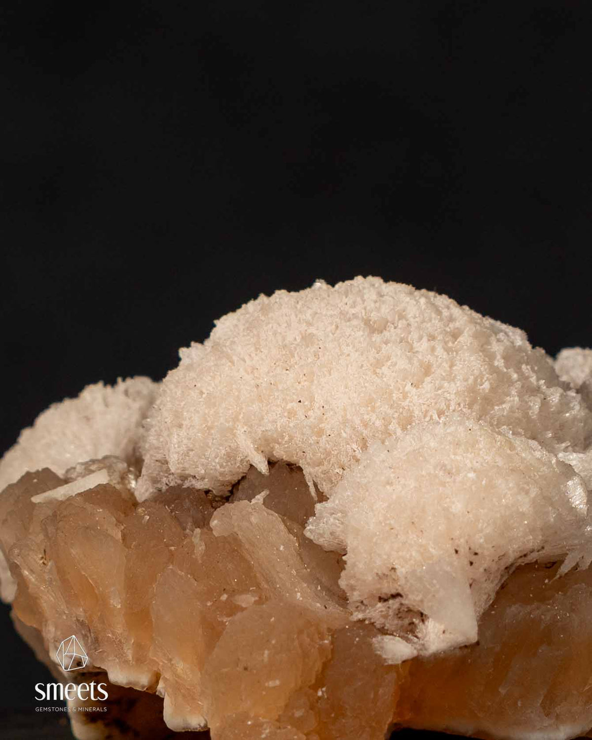 Beautiful Indian White Mordenite on Peach Stilbite Crystal Cluster
