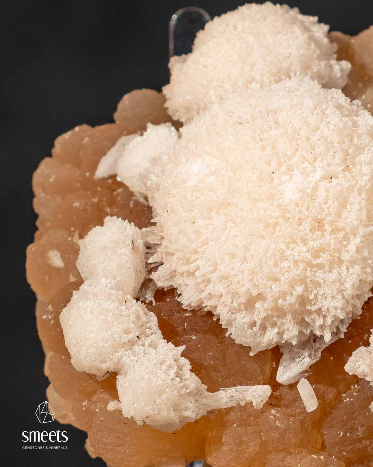 Beautiful Indian White Mordenite on Peach Stilbite Crystal Cluster