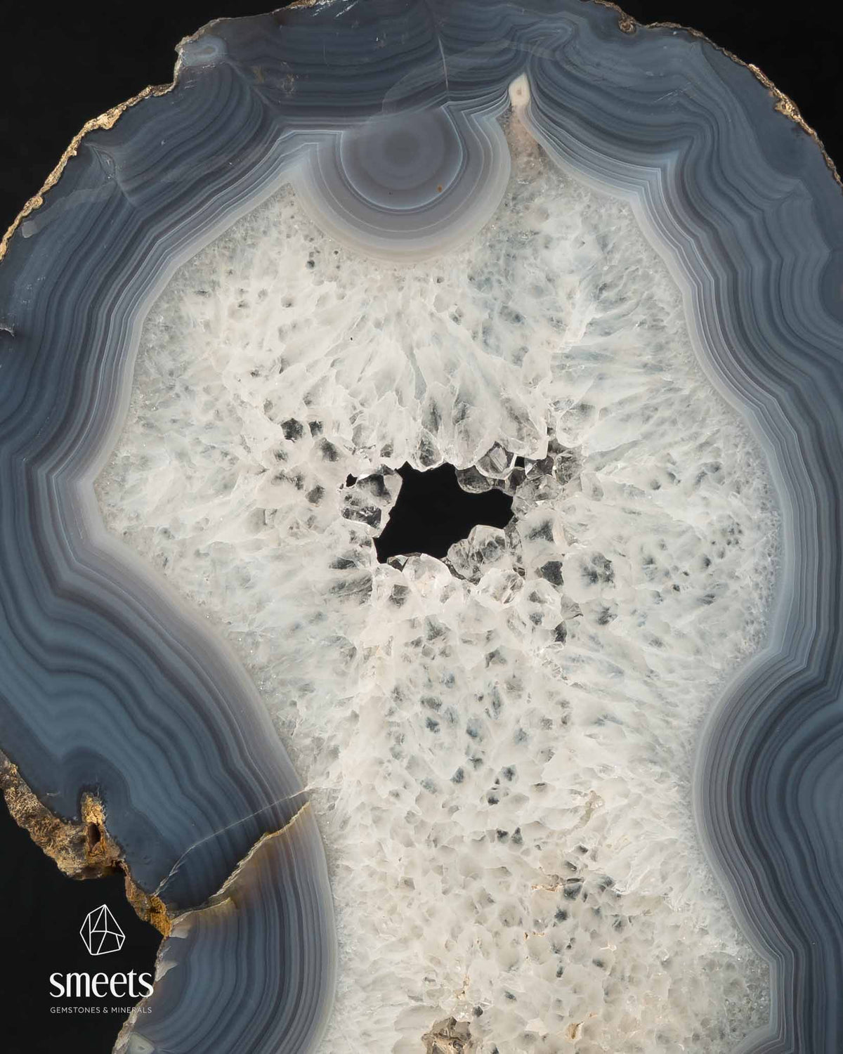 Elegant Brazilian Blue-Grey Banded Agate Slice with Crystal Centre on Stand