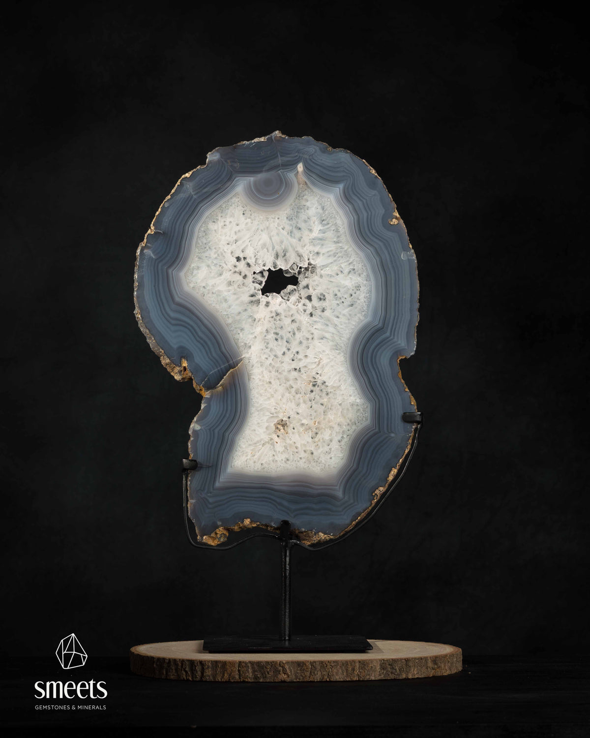 Elegant Brazilian Blue-Grey Banded Agate Slice with Crystal Centre on Stand