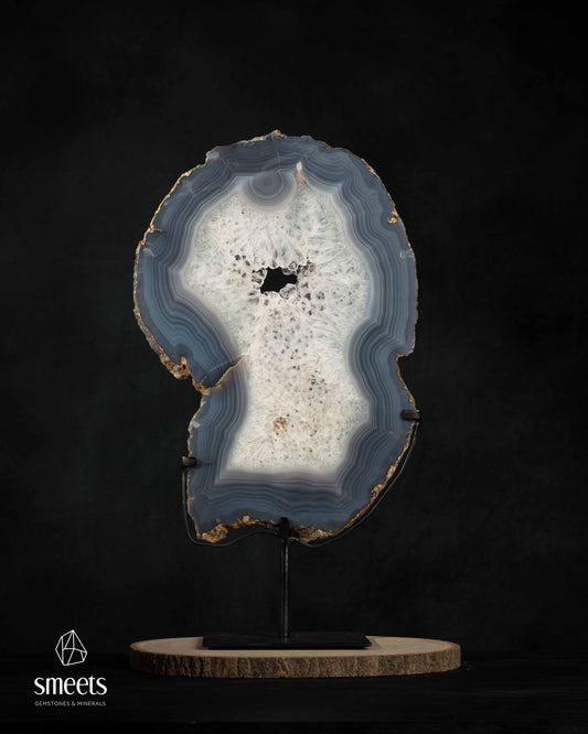 Elegant Brazilian Blue-Grey Banded Agate Slice with Crystal Centre on Stand