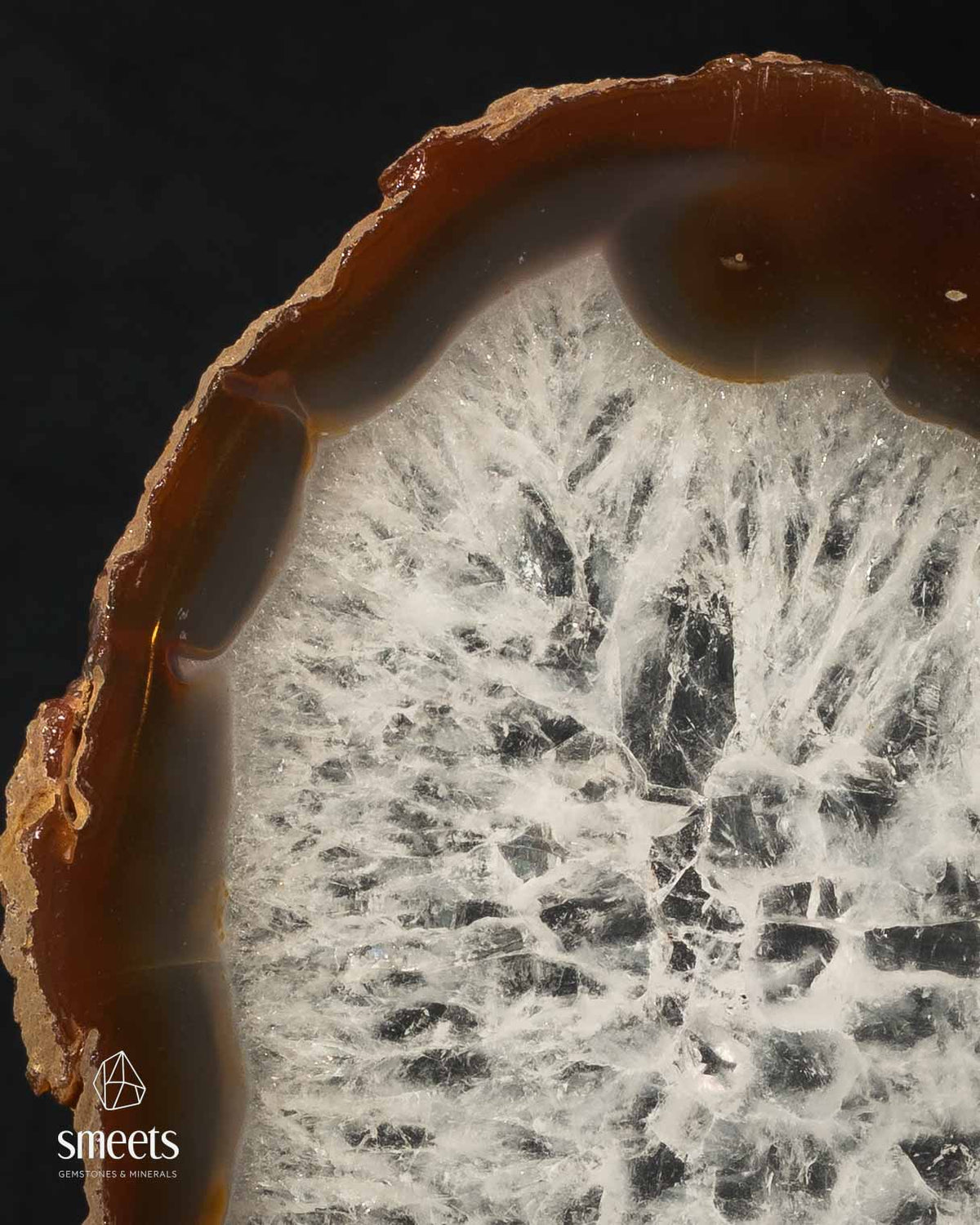 Beautiful Brazilian Amber-Brown Agate Slice with Crystal Centre on Stand