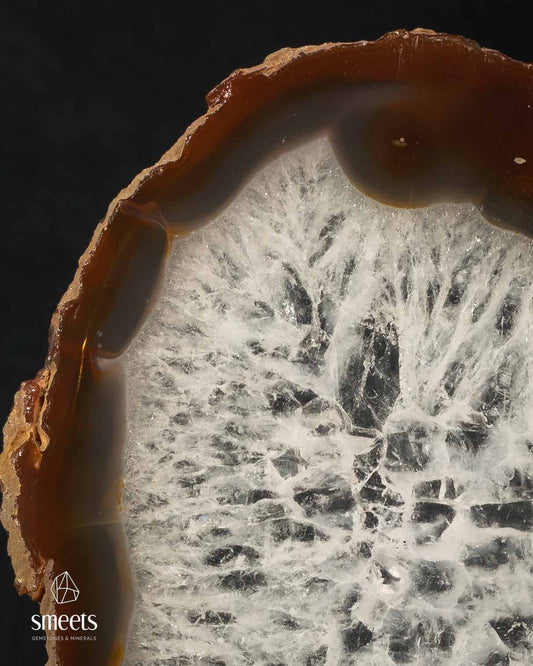 Beautiful Brazilian Amber-Brown Agate Slice with Crystal Centre on Stand
