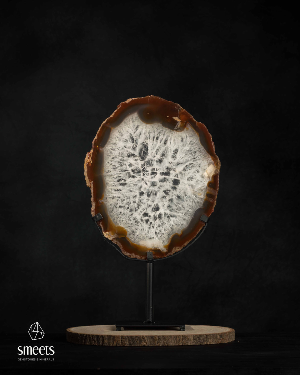 Beautiful Brazilian Amber-Brown Agate Slice with Crystal Centre on Stand