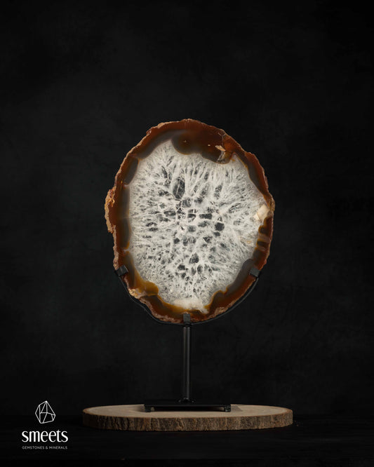 Beautiful Brazilian Amber-Brown Agate Slice with Crystal Centre on Stand