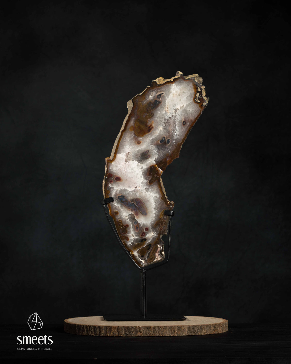 Sculptural Brazilian Brown Banded Agate Slice with Crystal Centre on Stand