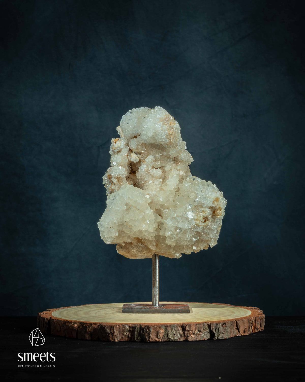 White Calcite Crystal Cluster on Metal Stand from Indonesia