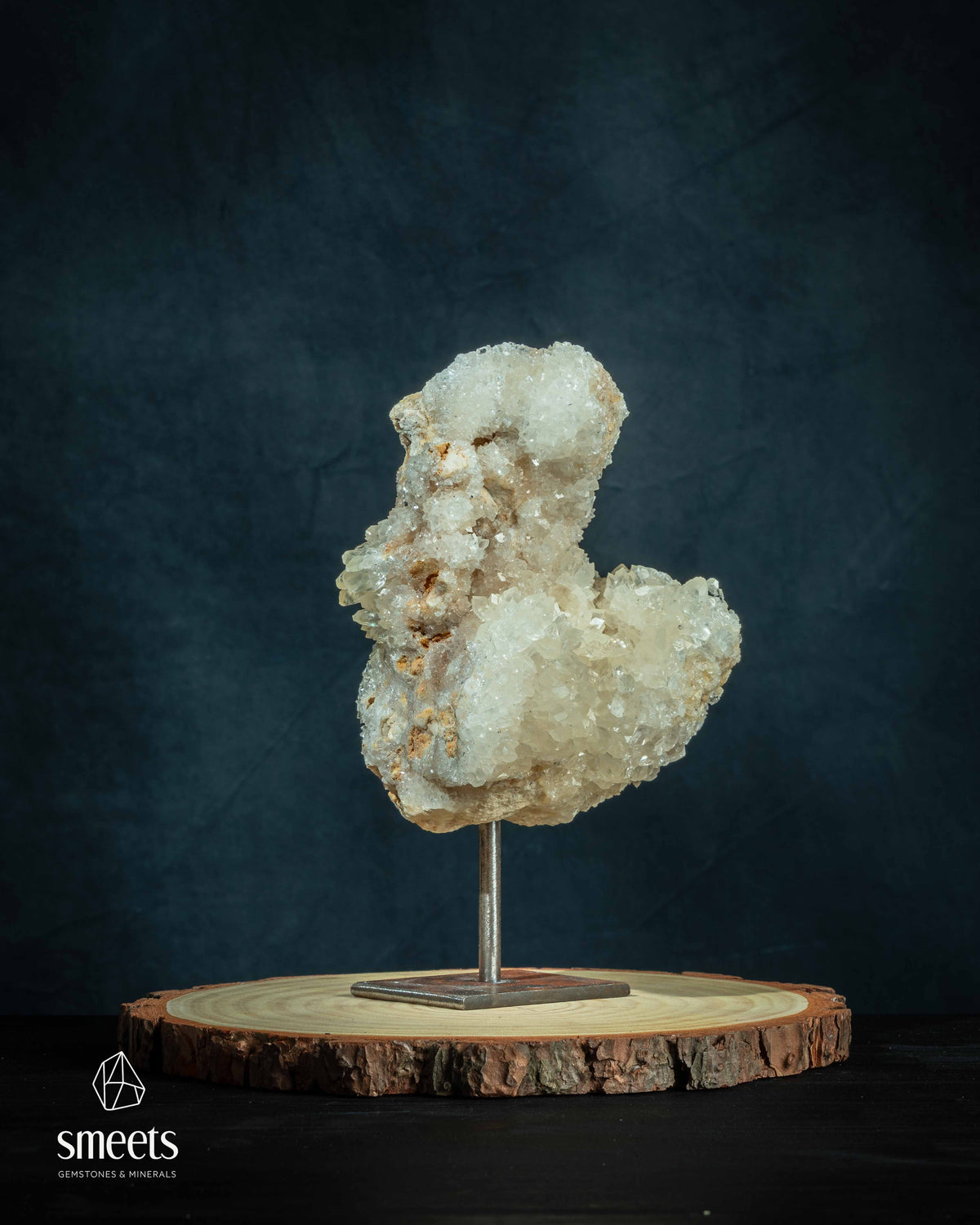 White Calcite Crystal Cluster on Metal Stand from Indonesia