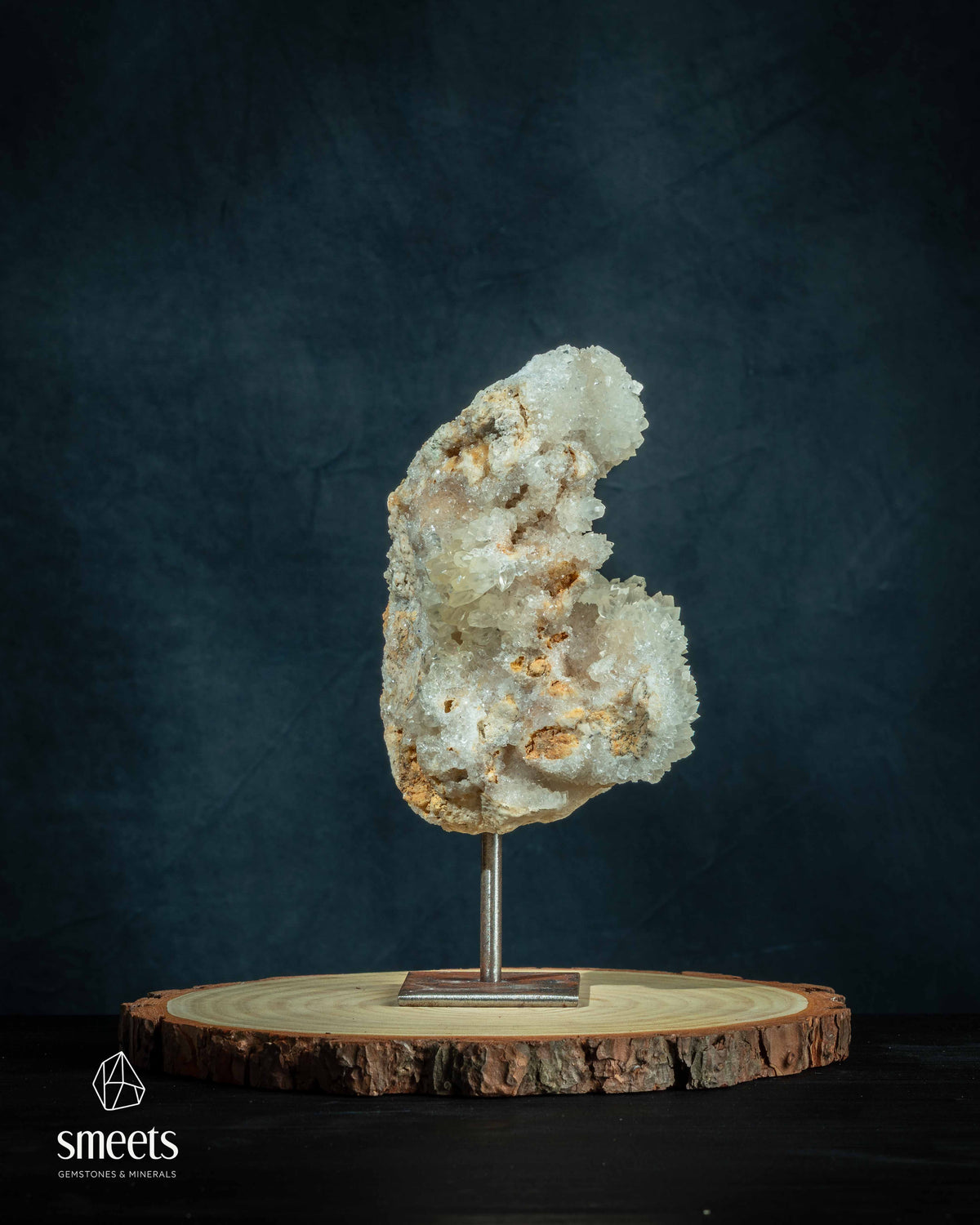 White Calcite Crystal Cluster on Metal Stand from Indonesia