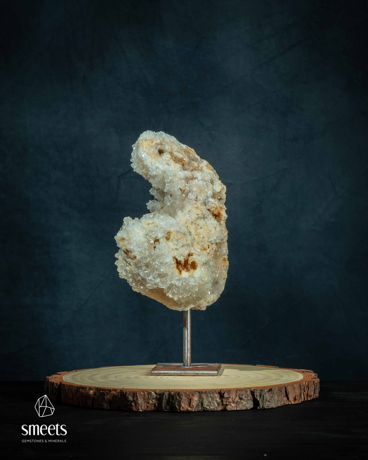 White Calcite Crystal Cluster on Metal Stand from Indonesia