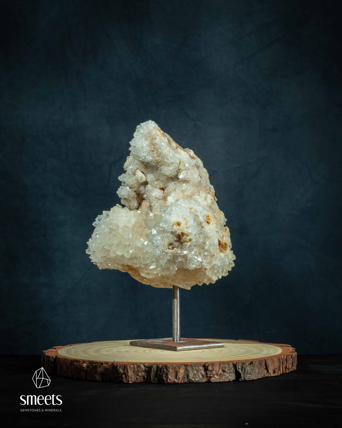 White Calcite Crystal Cluster on Metal Stand from Indonesia