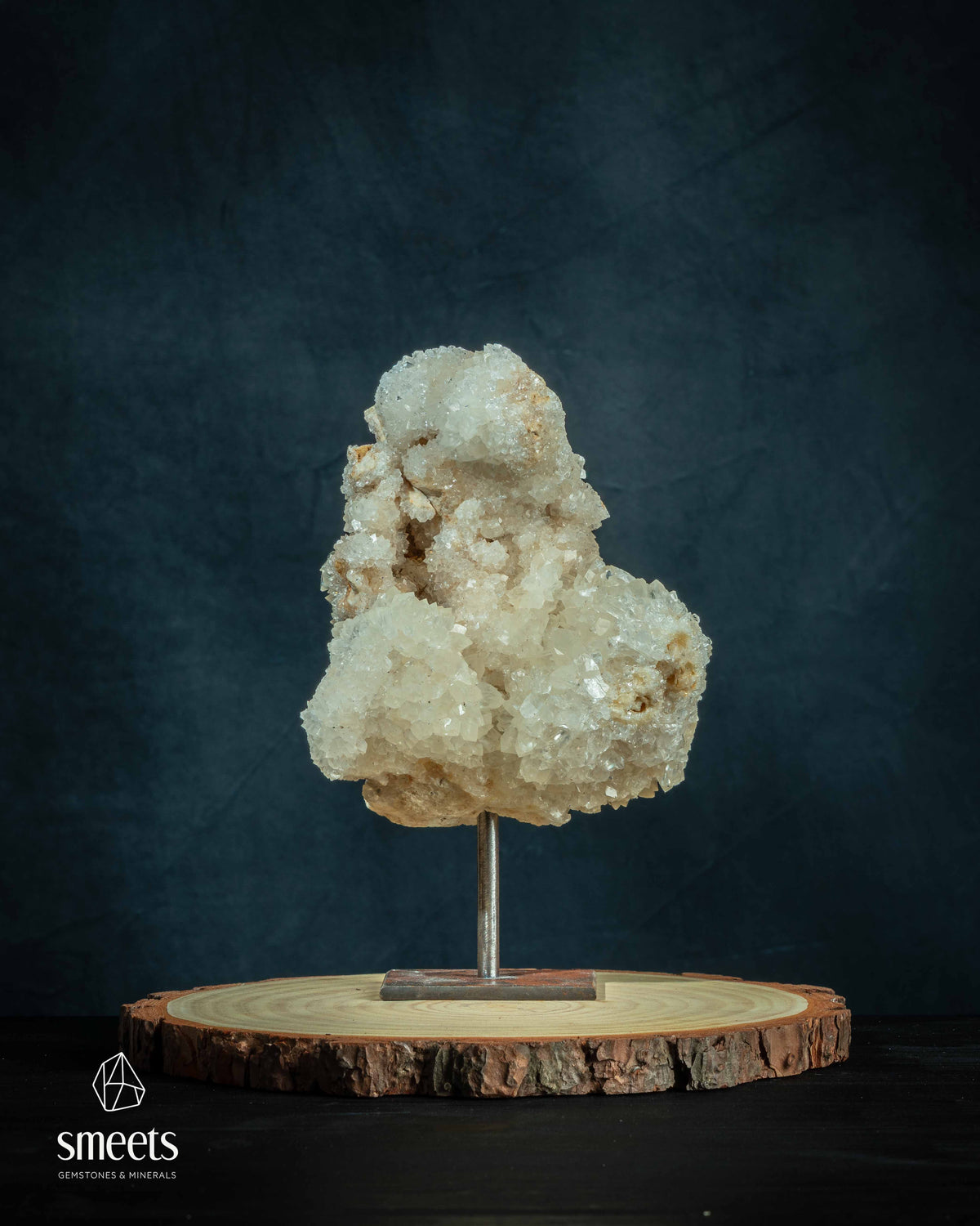 White Calcite Crystal Cluster on Metal Stand from Indonesia
