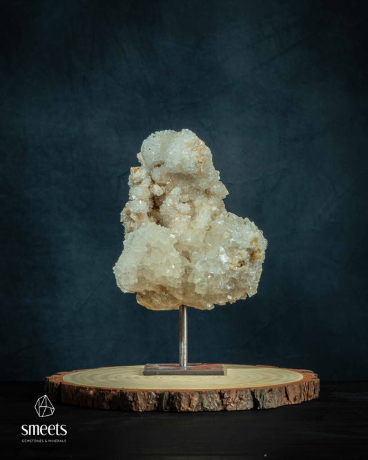 White Calcite Crystal Cluster on Metal Stand from Indonesia