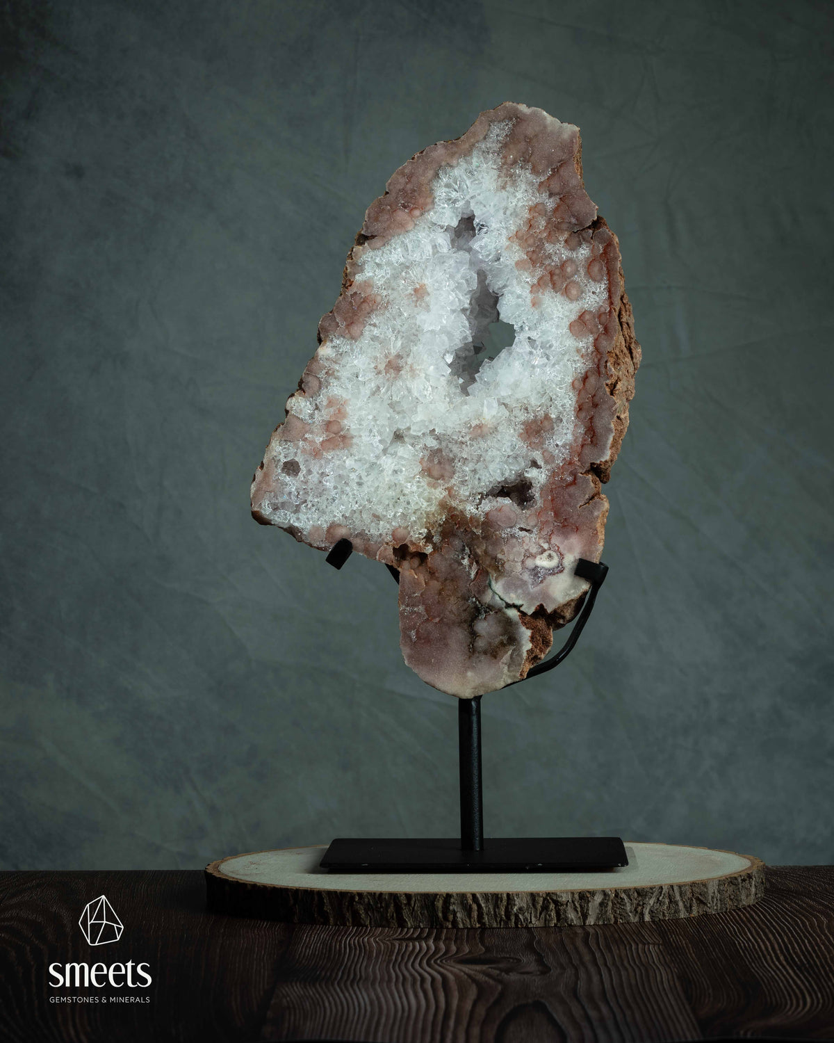 Large Pink Amethyst Slab with Natural Crystal Cavity on Metal Stand