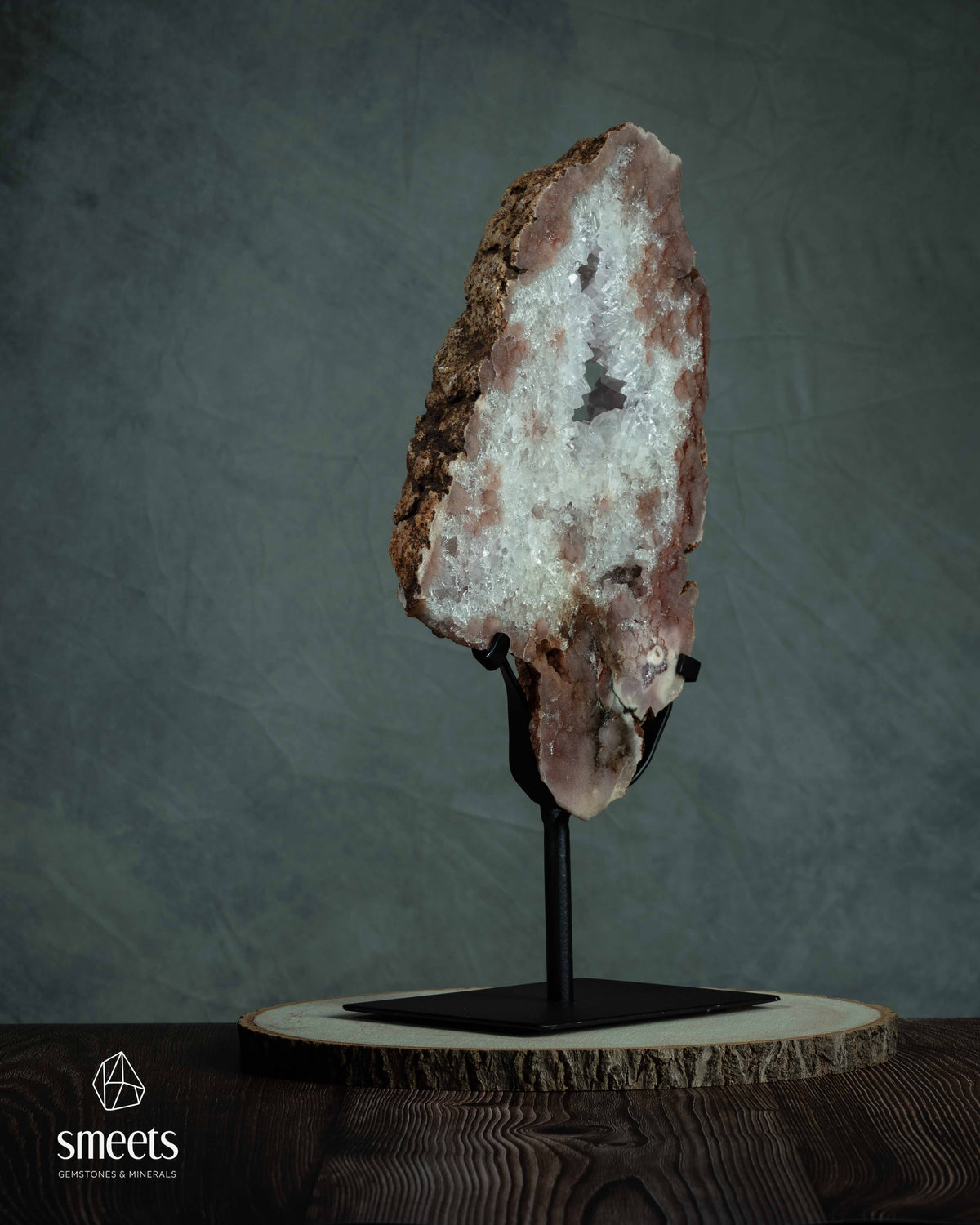 Large Pink Amethyst Slab with Natural Crystal Cavity on Metal Stand