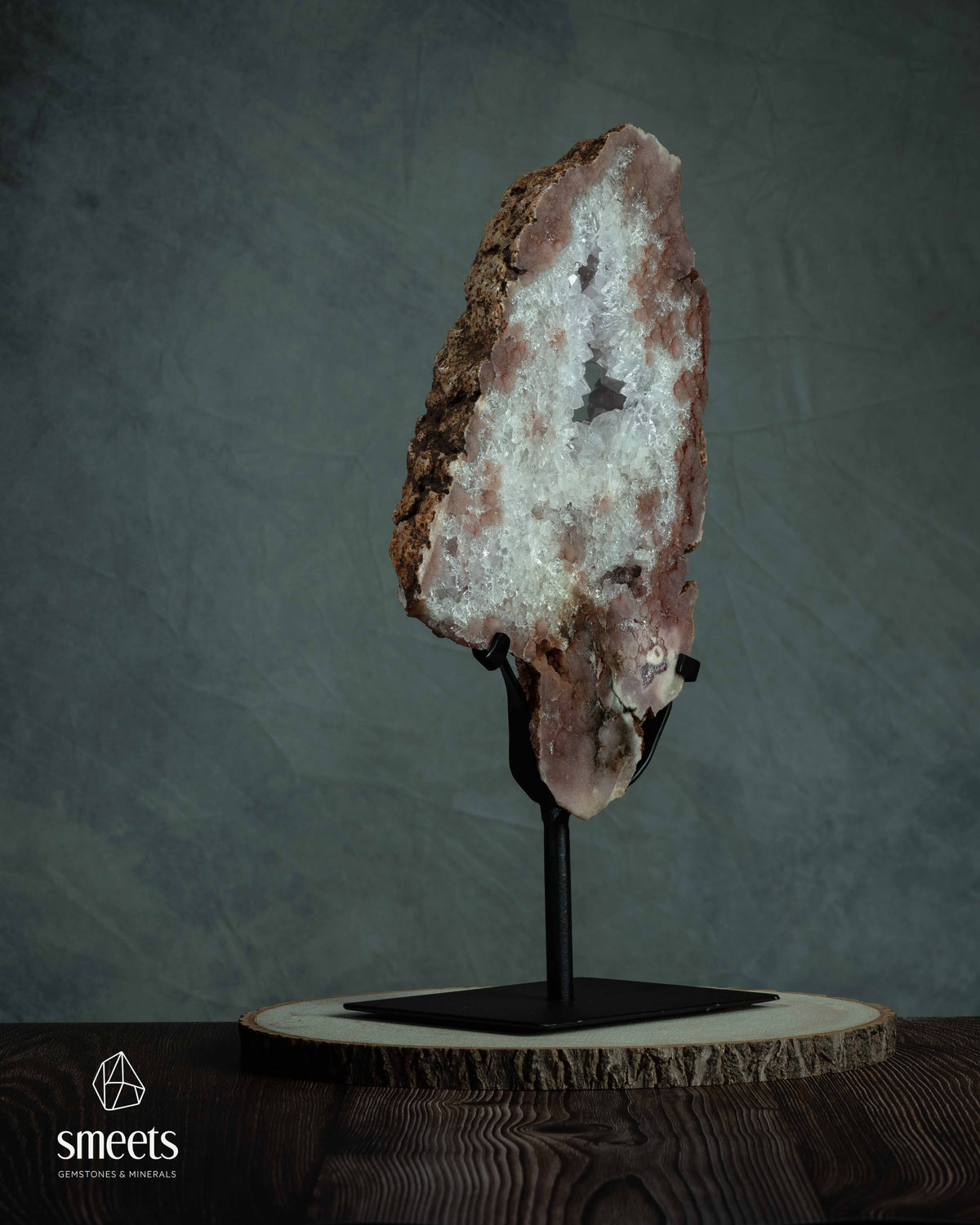 Large Pink Amethyst Slab with Natural Crystal Cavity on Metal Stand