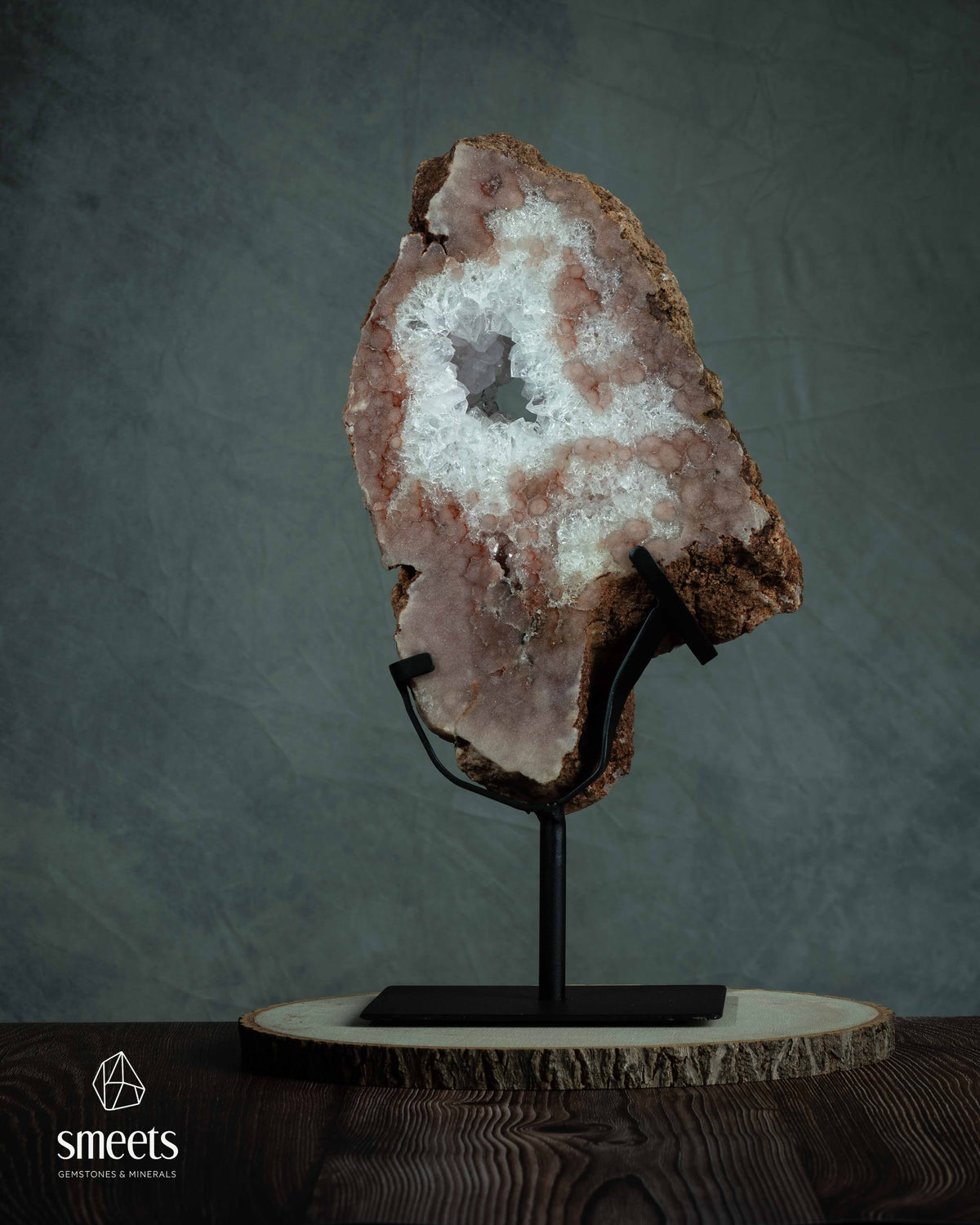 Large Pink Amethyst Slab with Natural Crystal Cavity on Metal Stand