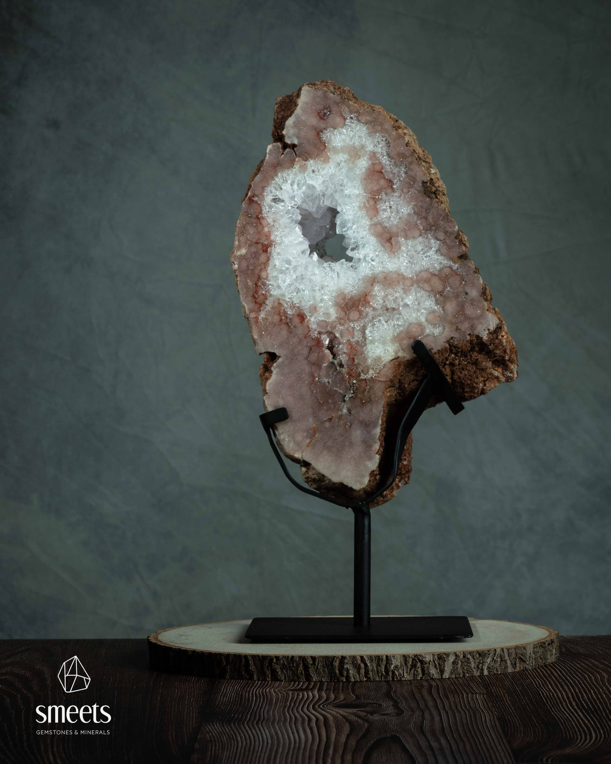 Large Pink Amethyst Slab with Natural Crystal Cavity on Metal Stand