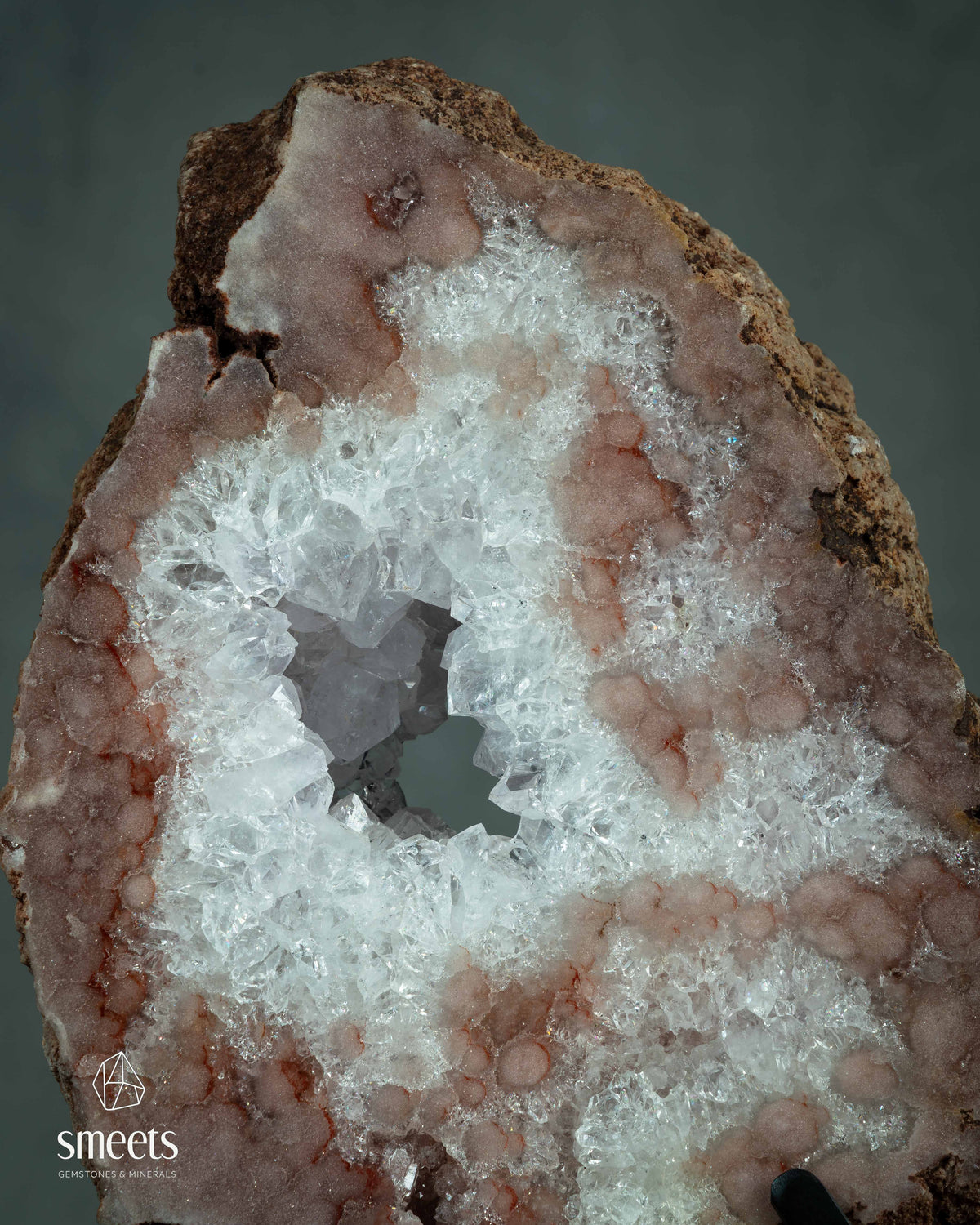 Large Pink Amethyst Slab with Natural Crystal Cavity on Metal Stand