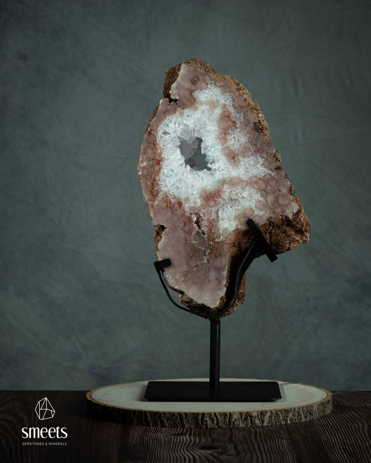 Large Pink Amethyst Slab with Natural Crystal Cavity on Metal Stand