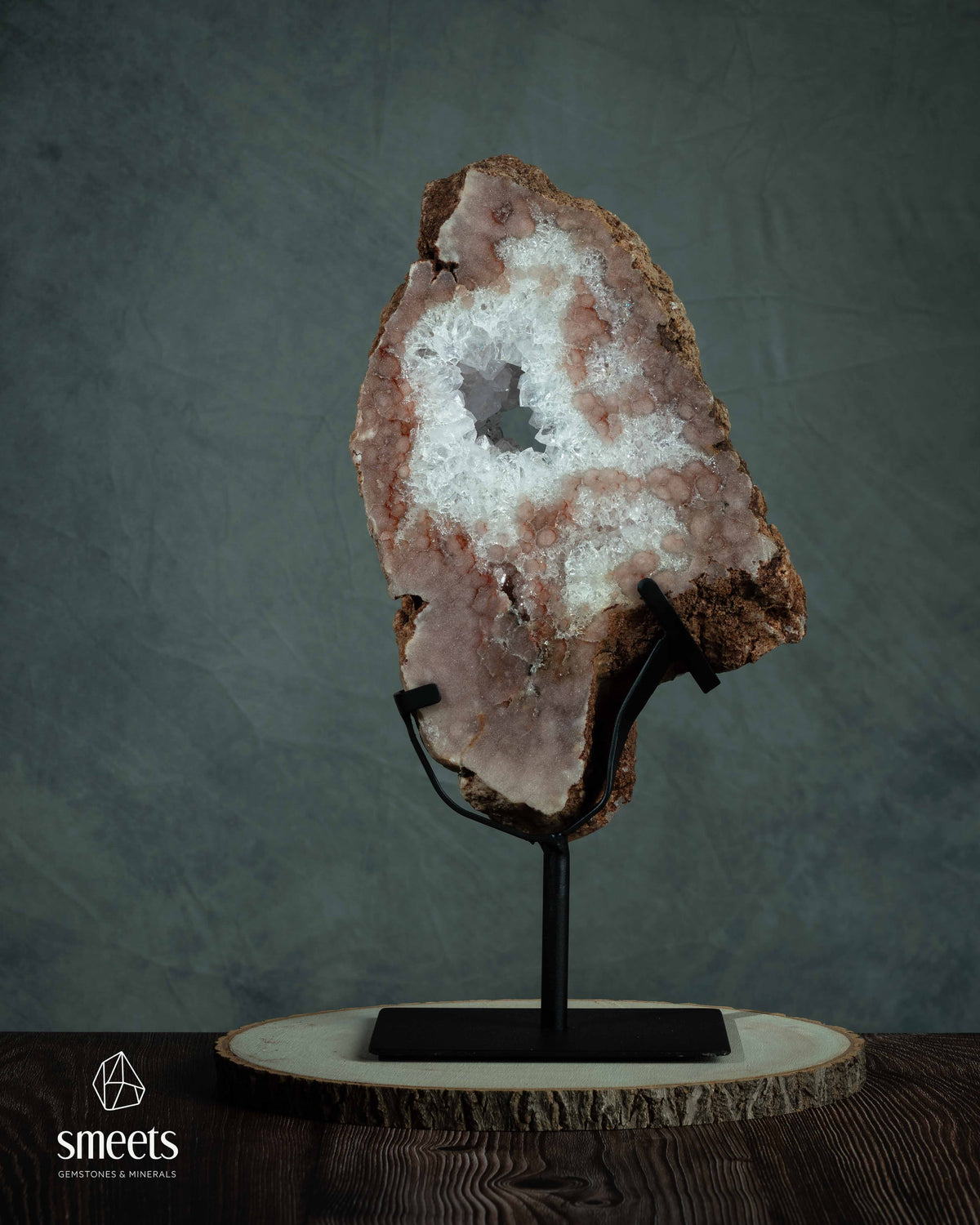 Large Pink Amethyst Slab with Natural Crystal Cavity on Metal Stand