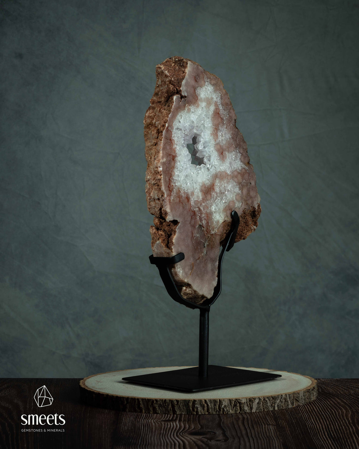 Large Pink Amethyst Slab with Natural Crystal Cavity on Metal Stand