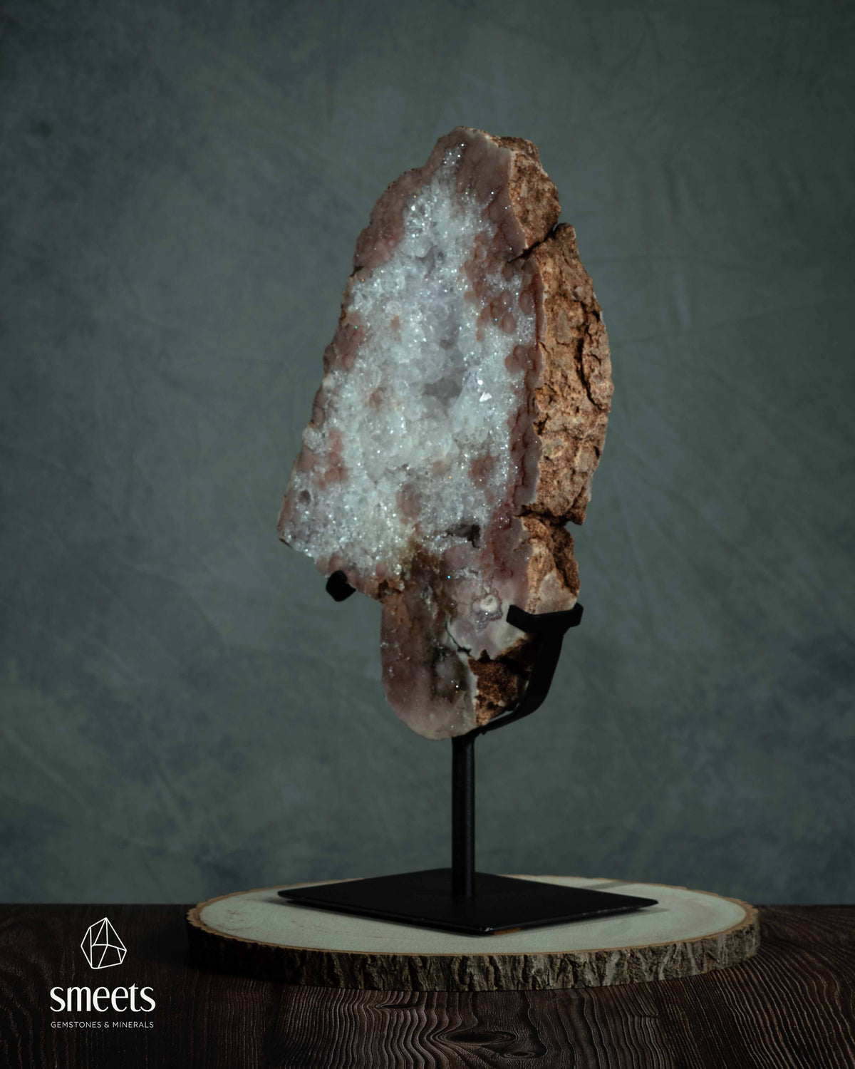 Large Pink Amethyst Slab with Natural Crystal Cavity on Metal Stand