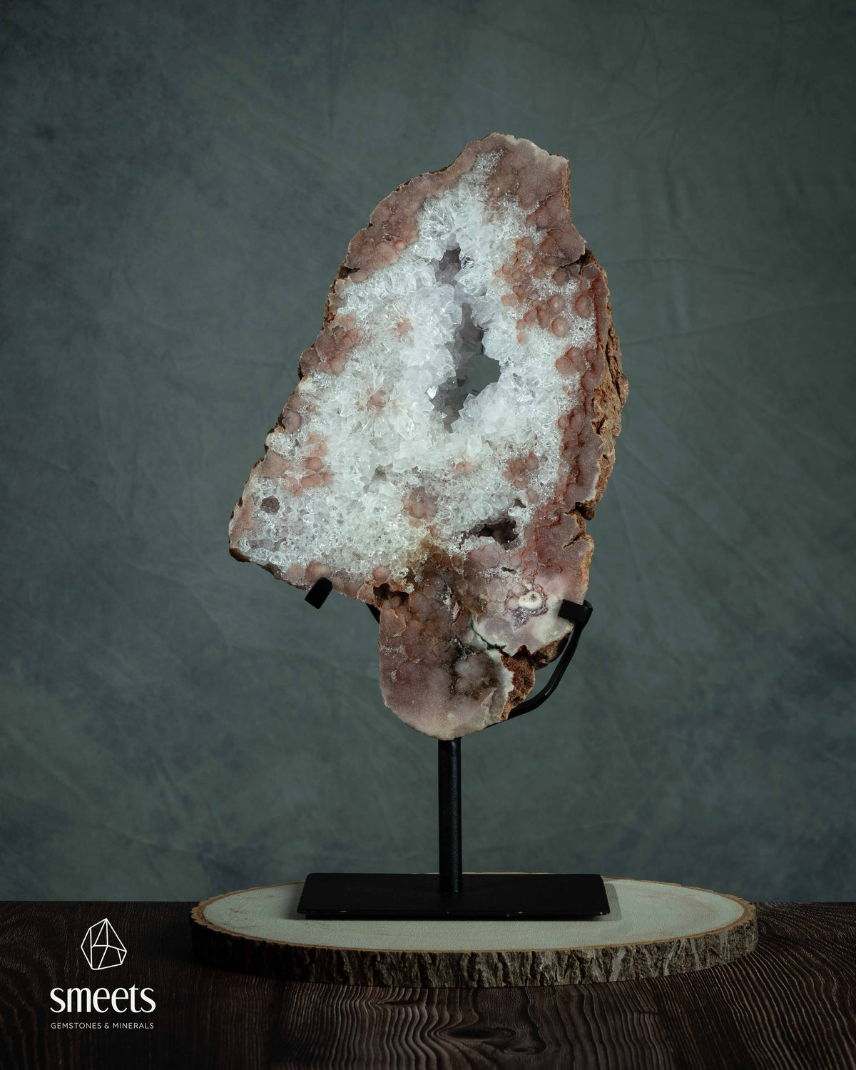 Large Pink Amethyst Slab with Natural Crystal Cavity on Metal Stand