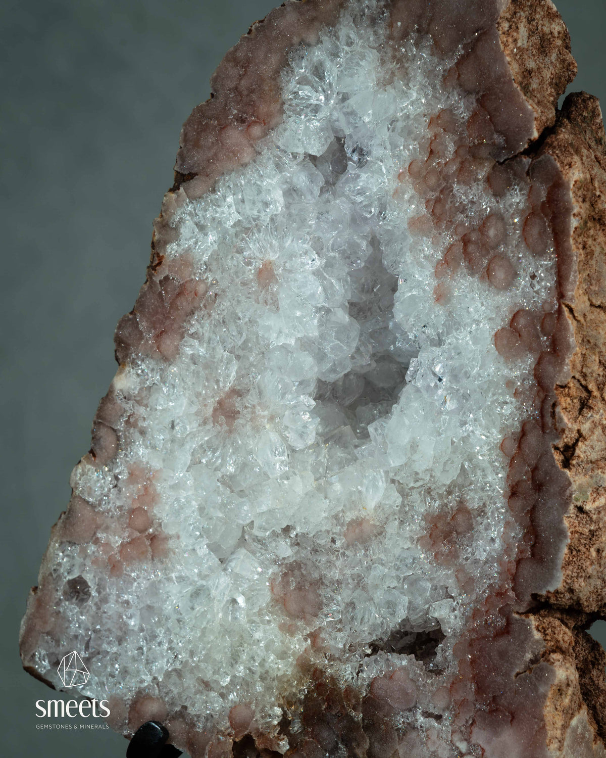 Large Pink Amethyst Slab with Natural Crystal Cavity on Metal Stand