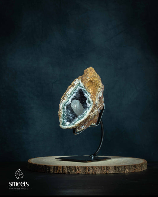Brazilian Amethyst Geode with Large Calcite Crystal on Stand