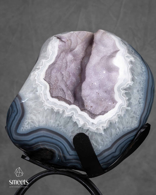 One-of-a-Kind  Banded Agate Geode with Lavender Druzy Quartz on Stand