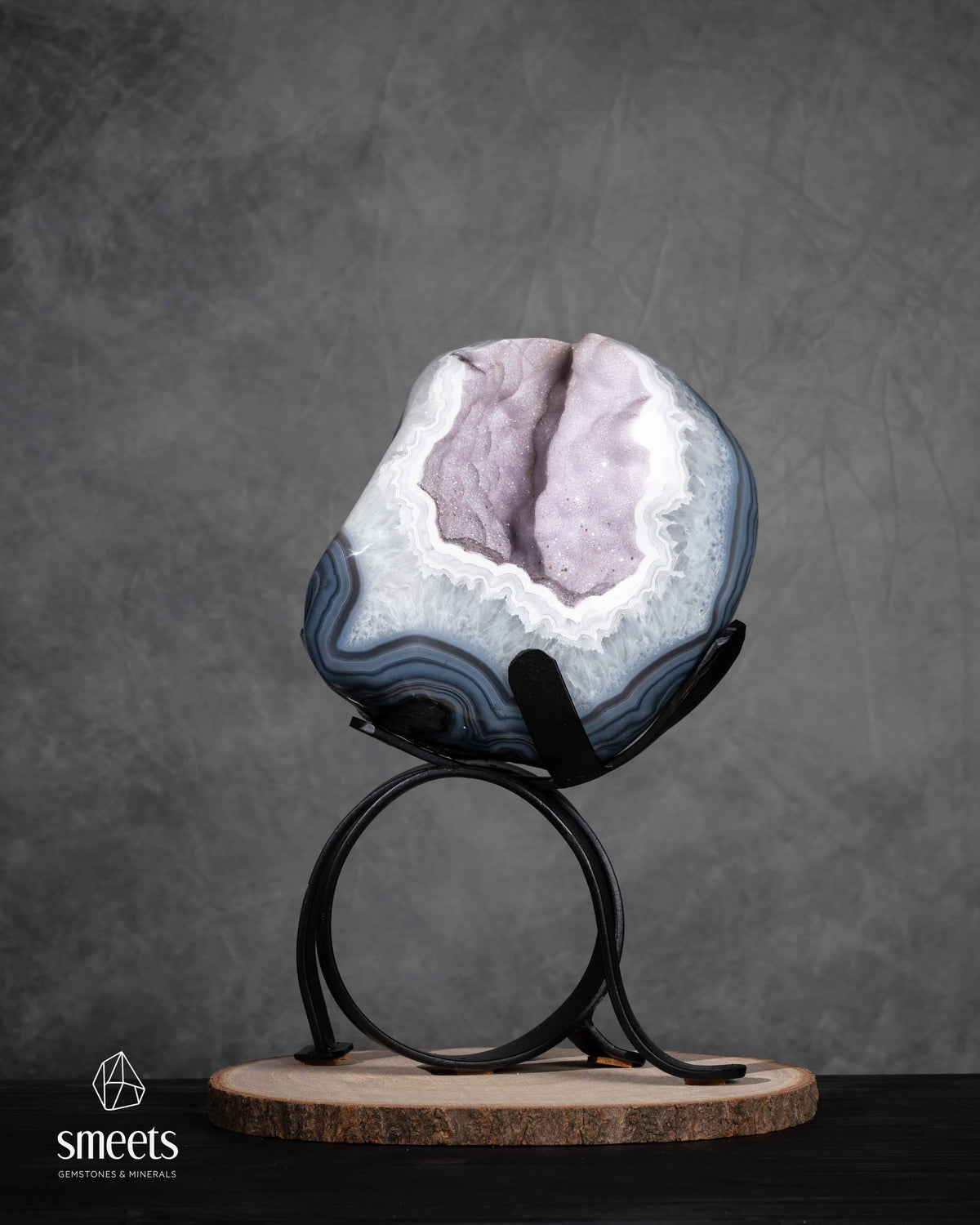 One-of-a-Kind  Banded Agate Geode with Lavender Druzy Quartz on Stand