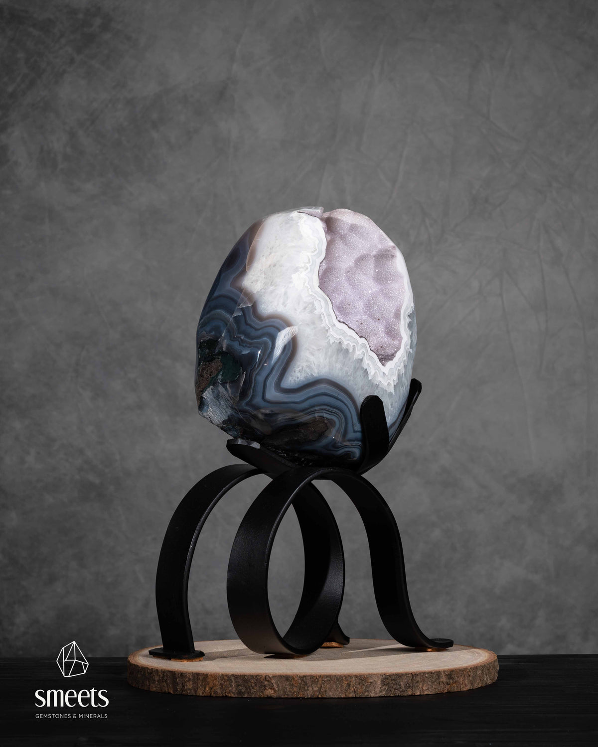 One-of-a-Kind  Banded Agate Geode with Lavender Druzy Quartz on Stand