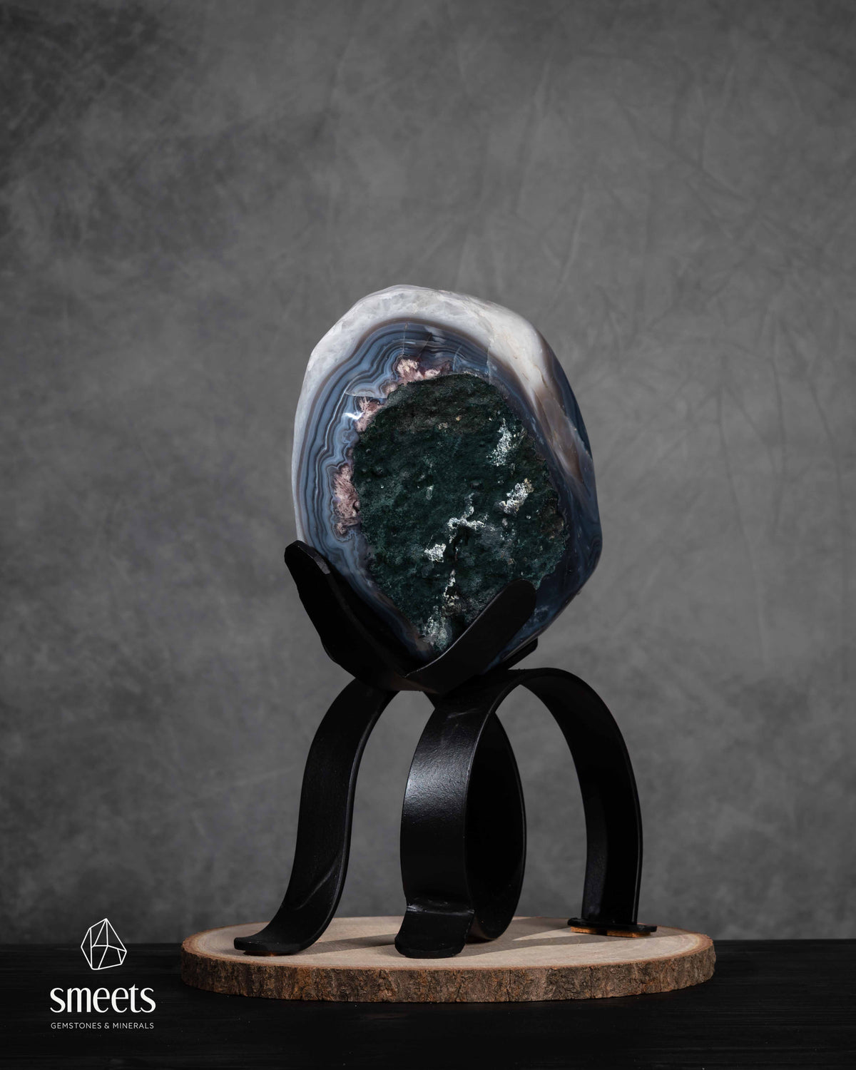 One-of-a-Kind  Banded Agate Geode with Lavender Druzy Quartz on Stand