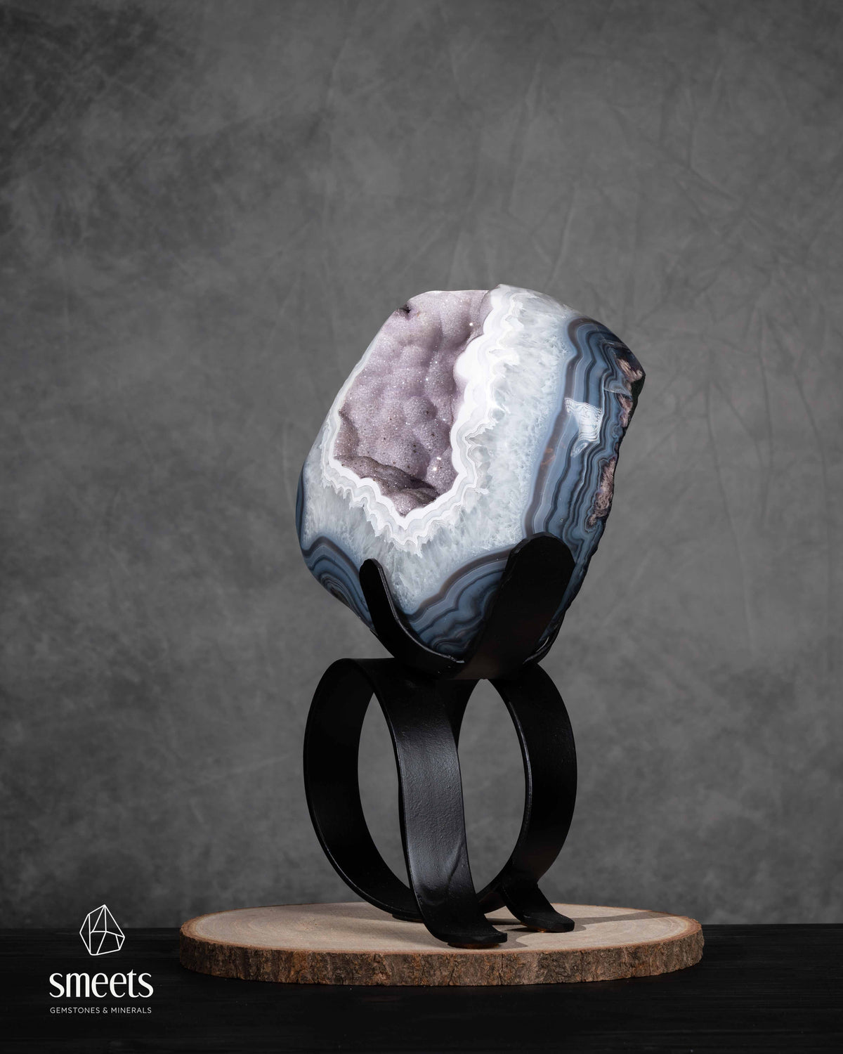 One-of-a-Kind  Banded Agate Geode with Lavender Druzy Quartz on Stand
