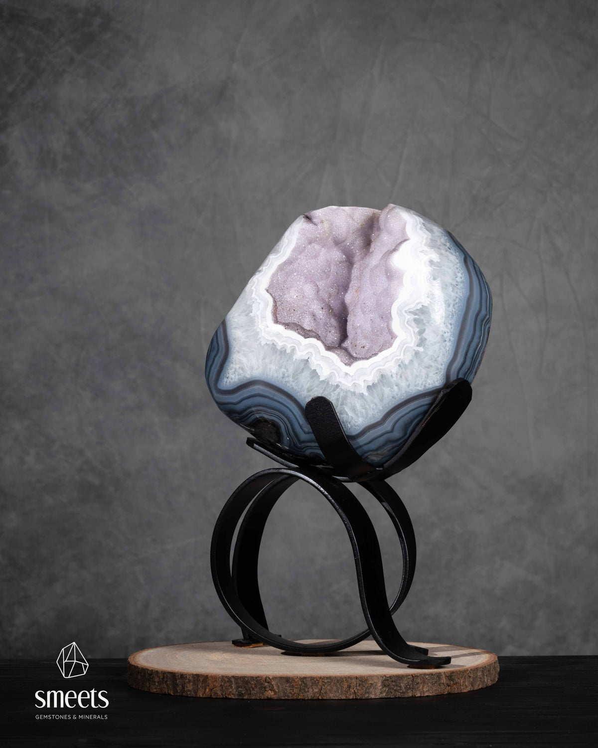 One-of-a-Kind  Banded Agate Geode with Lavender Druzy Quartz on Stand