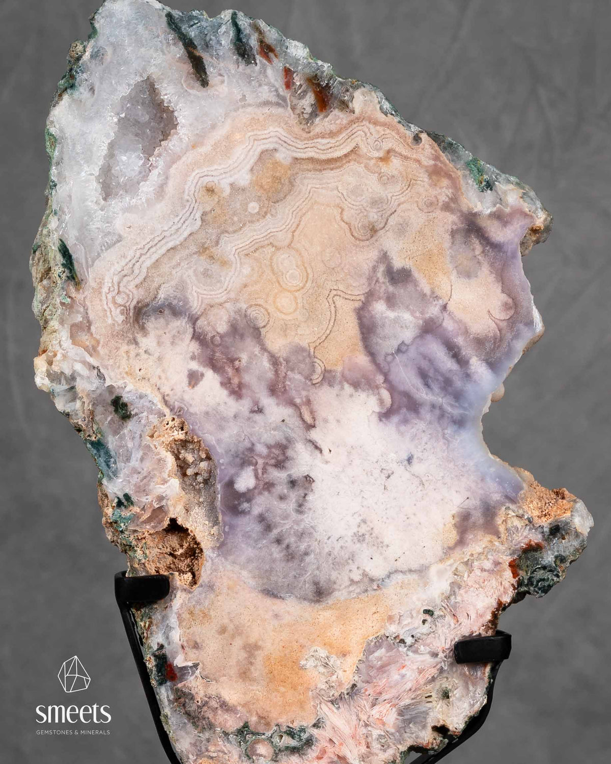 Large Pink Amethyst Slab with Natural Patterns on Metal Stand