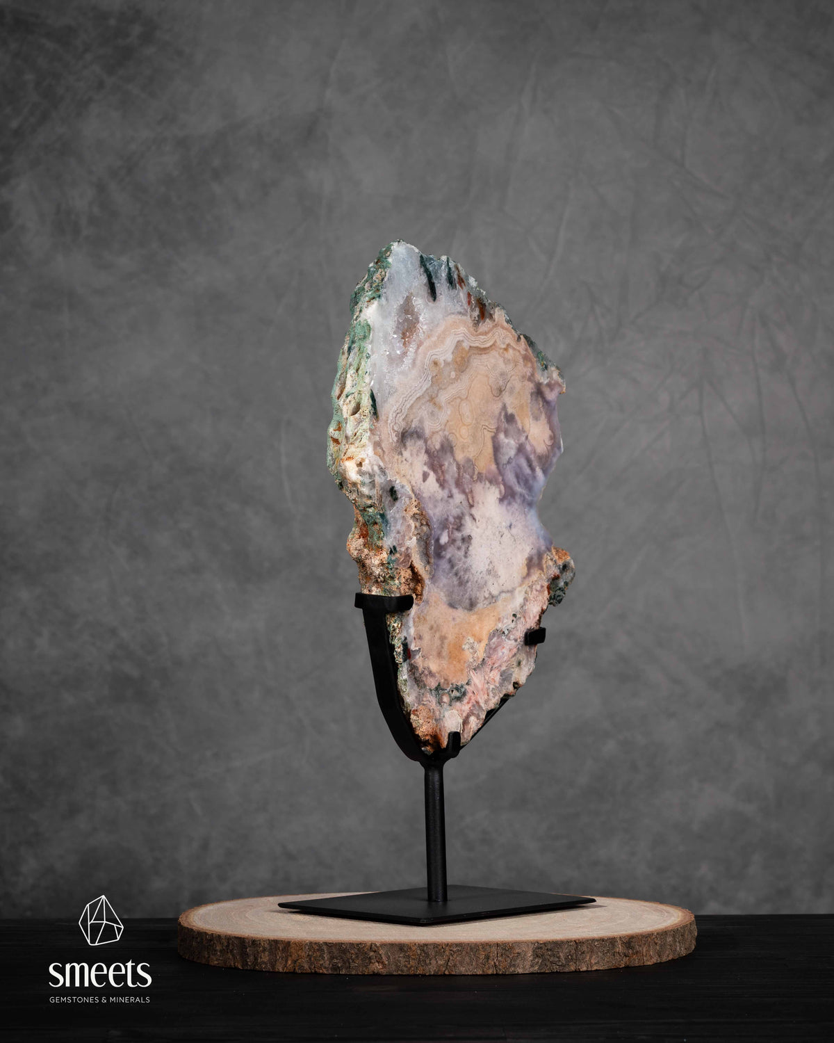 Large Pink Amethyst Slab with Natural Patterns on Metal Stand
