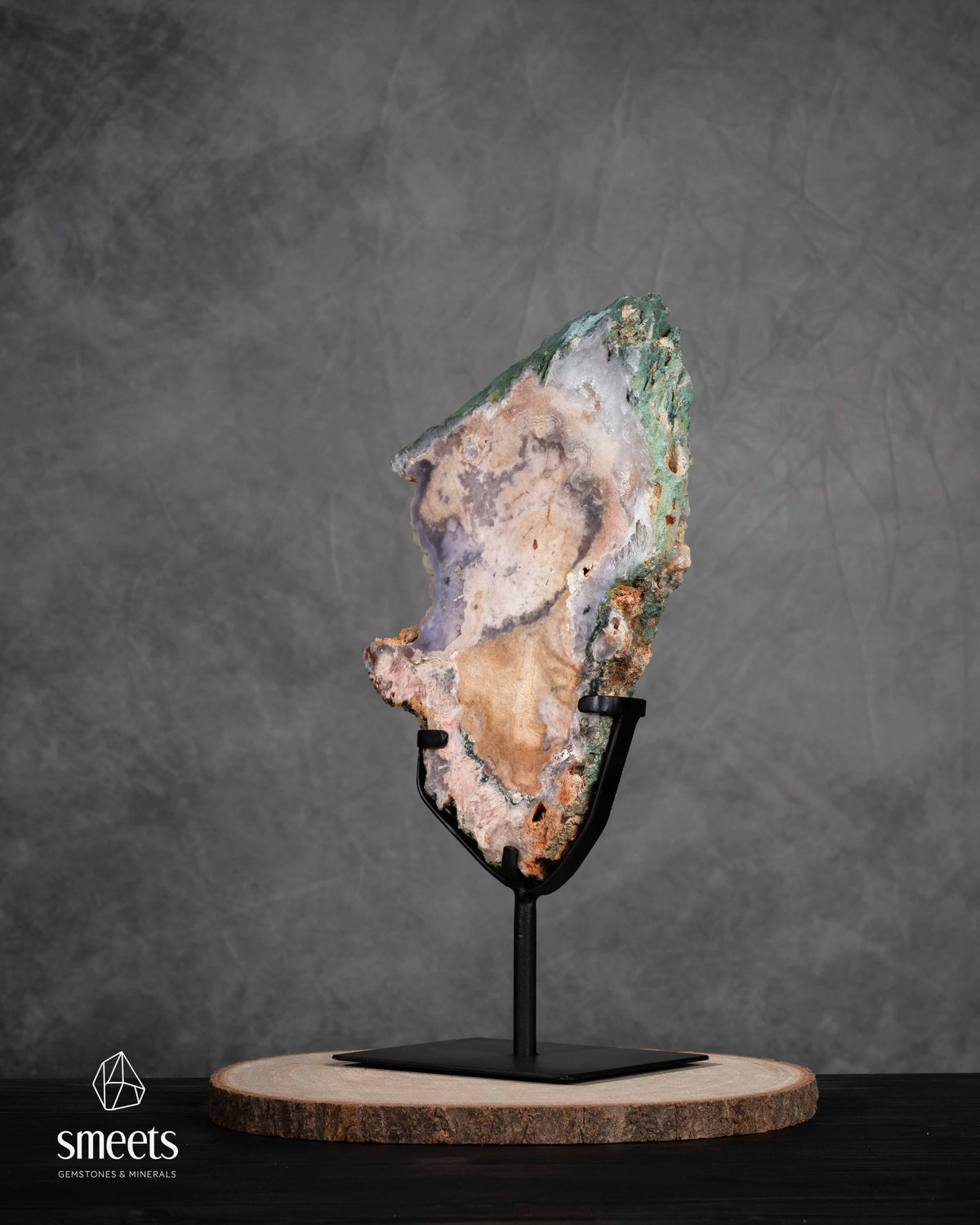 Large Pink Amethyst Slab with Natural Patterns on Metal Stand