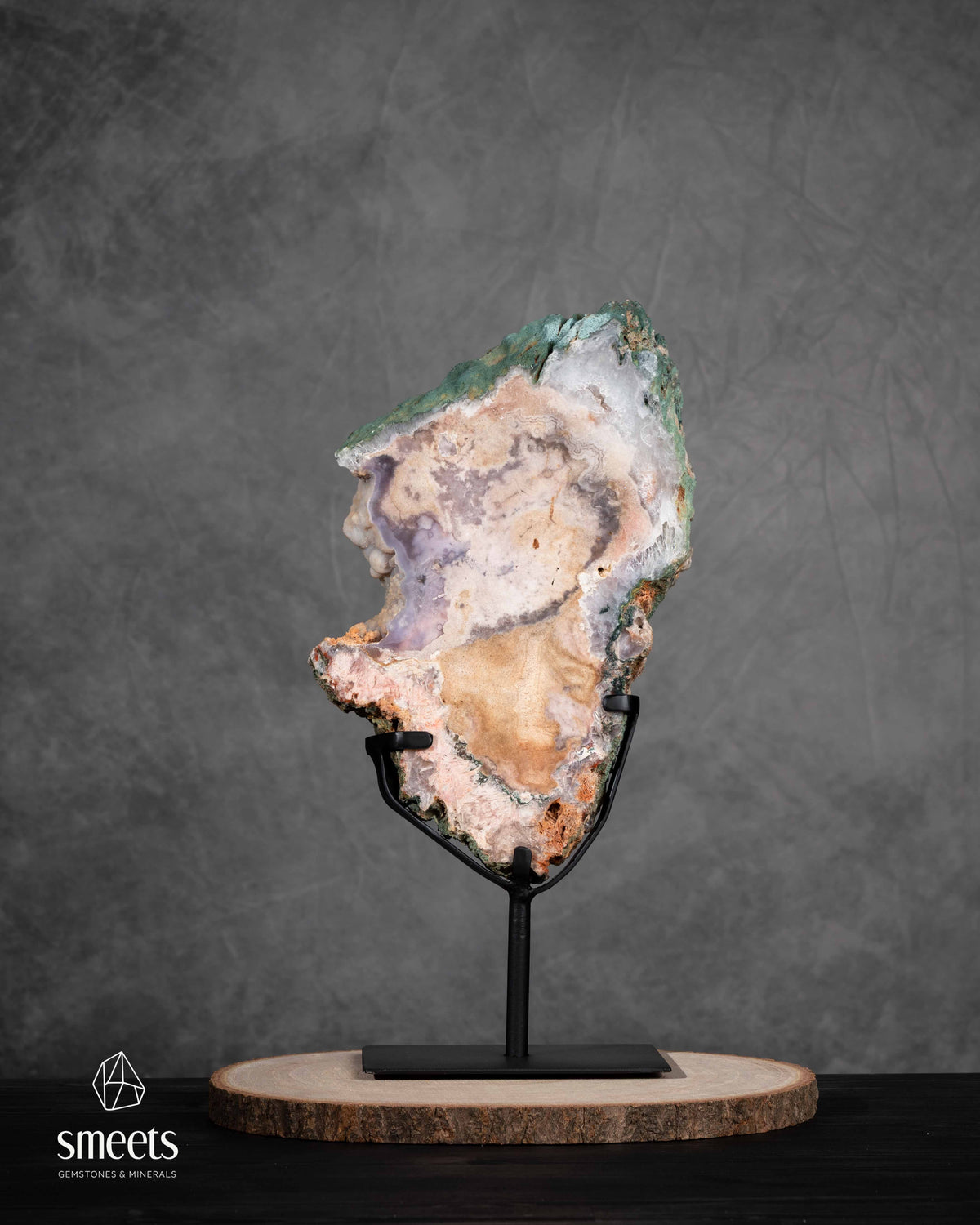 Large Pink Amethyst Slab with Natural Patterns on Metal Stand
