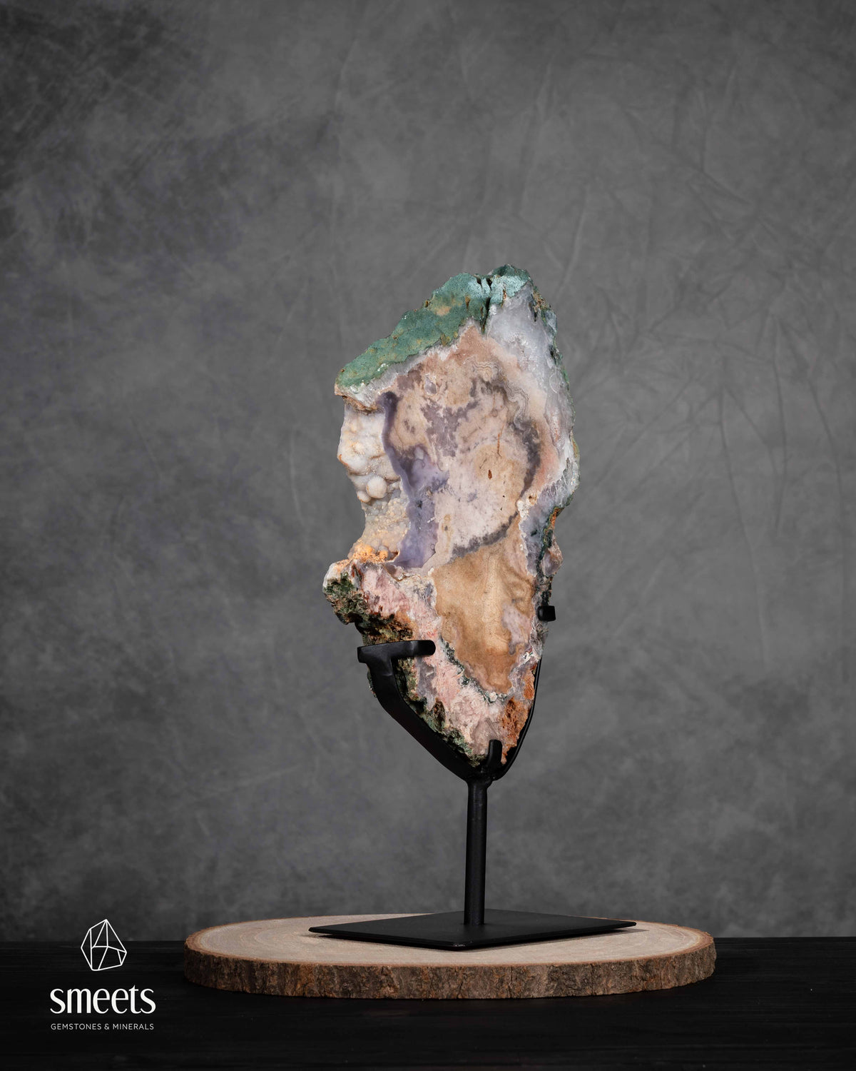 Large Pink Amethyst Slab with Natural Patterns on Metal Stand