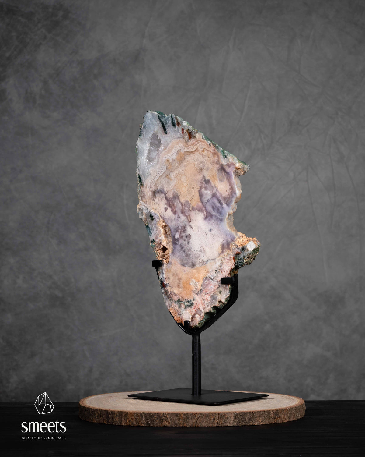 Large Pink Amethyst Slab with Natural Patterns on Metal Stand