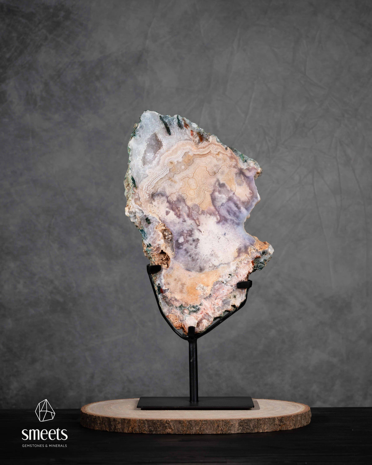 Large Pink Amethyst Slab with Natural Patterns on Metal Stand