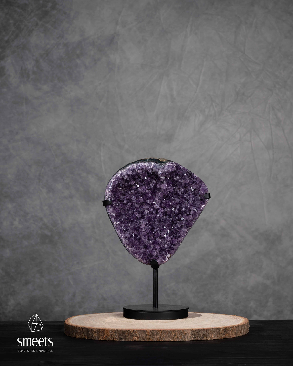 Deep Purple Amethyst Crystal Slab on Metal Stand