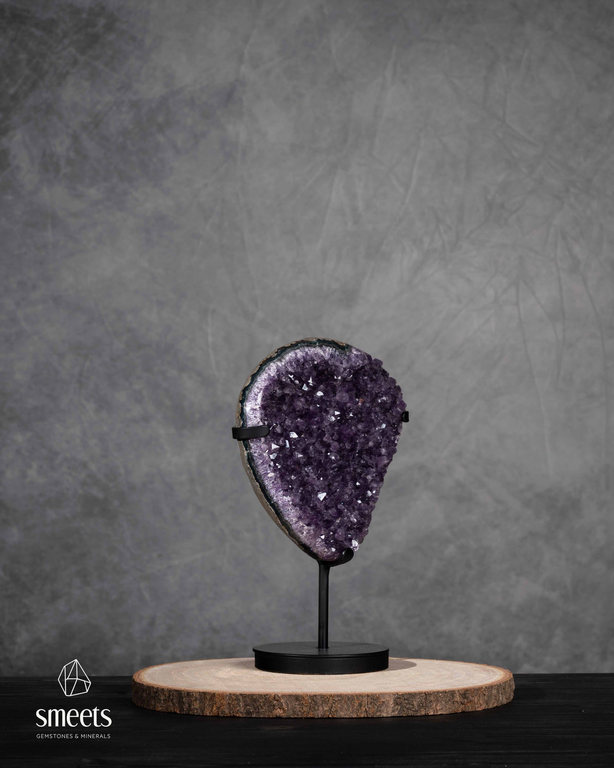 Deep Purple Amethyst Crystal Slab on Metal Stand