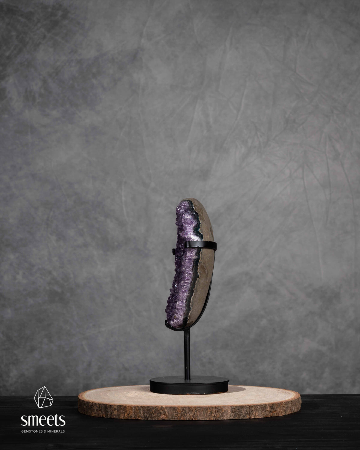 Deep Purple Amethyst Crystal Slab on Metal Stand