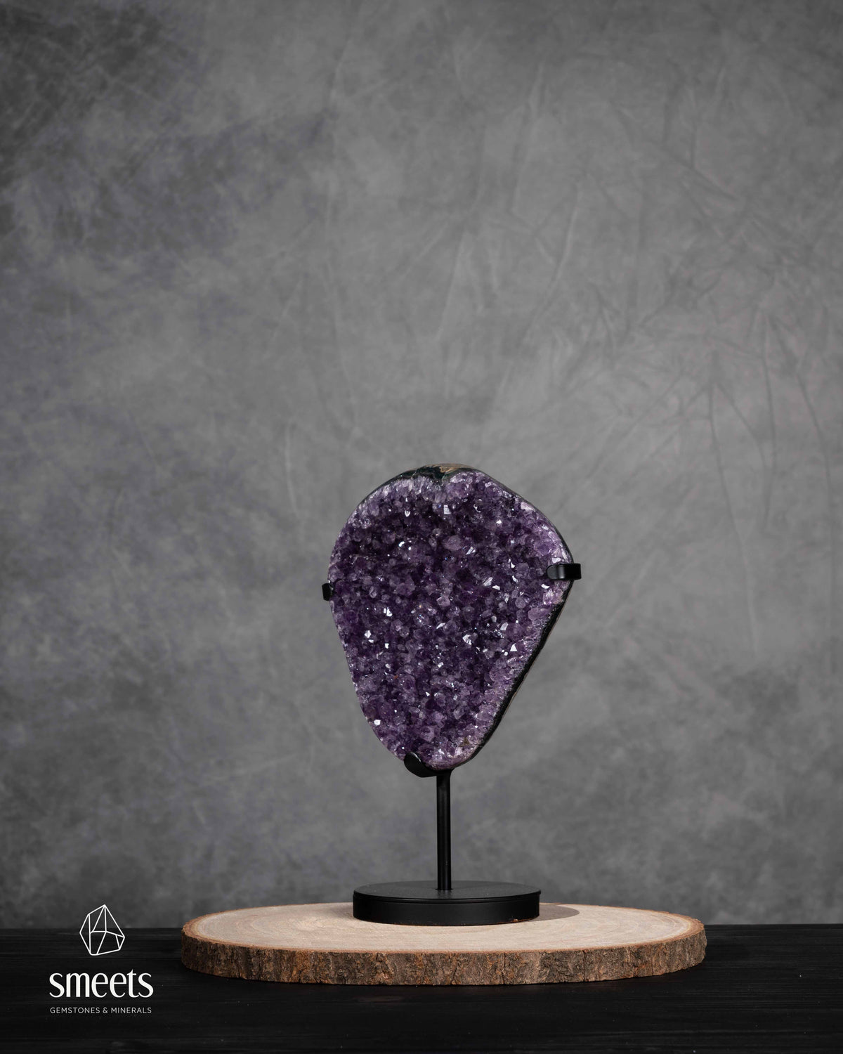 Deep Purple Amethyst Crystal Slab on Metal Stand